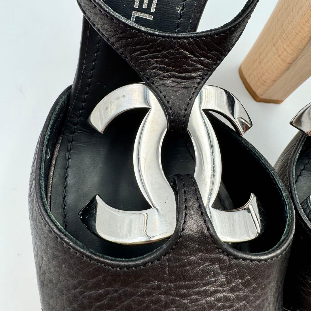 CHANEL サンダル　ココマーク　ブラック　レザー　ウッド　サイズ34 1/2