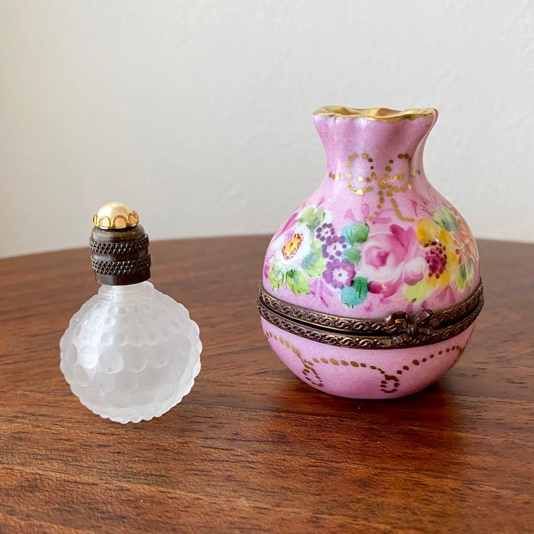 フランス製 ヴィンテージ リモージュボックス 香水瓶入り 手描き 花柄 金彩