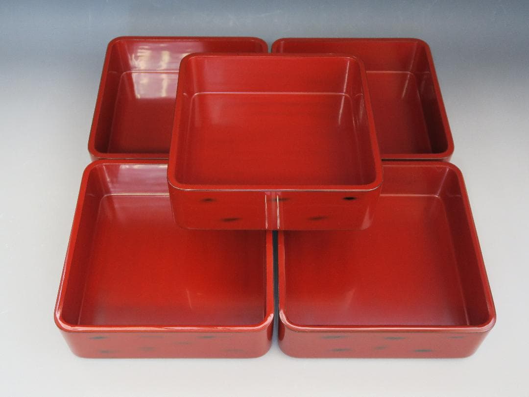 【輪島塗】根来研出 五段重 堅牢優美 徳野漆器店 朱塗 蓋二枚付 天然木 共箱