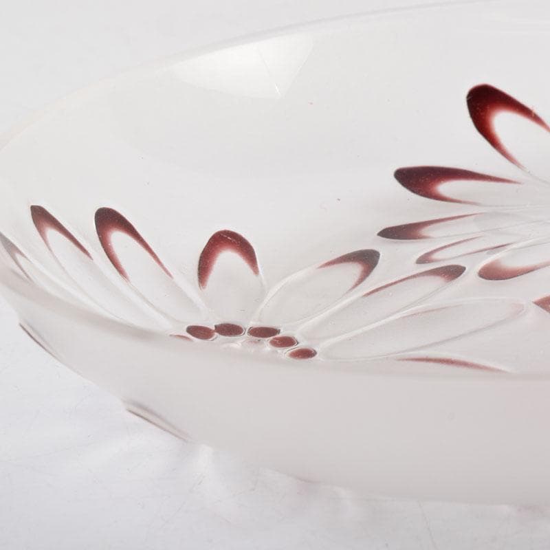 ガラス工芸　荒木良忠作　玻璃彫刻　銅赤花ノ輪文皿　共箱　C　9155