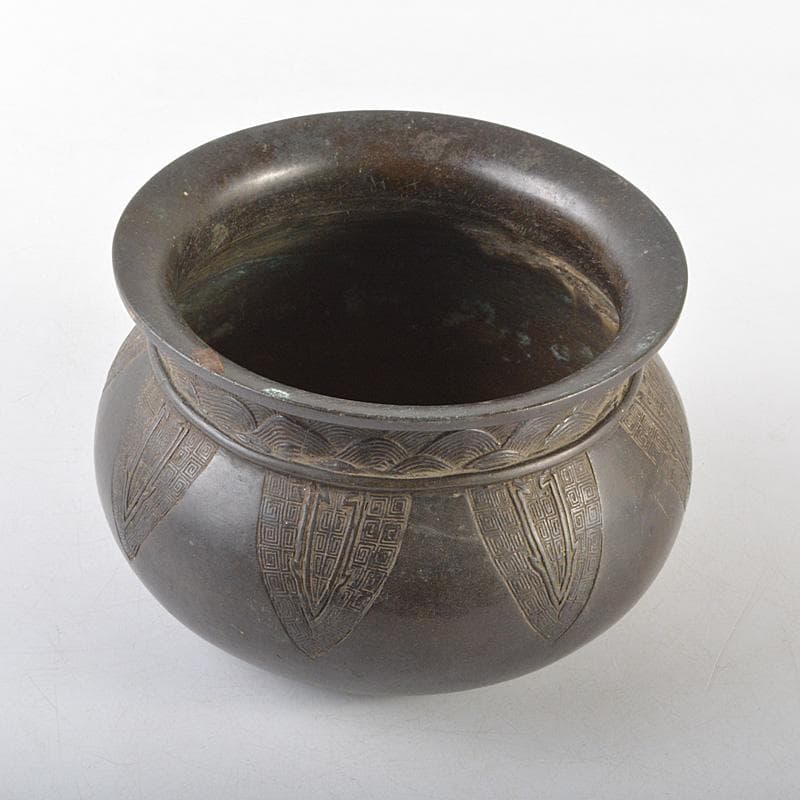 中国　古銅宣徳銅　饕餮文　建水　茶こぼし　M　R5895