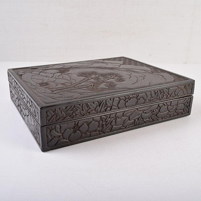 中国　漆塗　山水人物文　文箱　硯箱　V　R8958