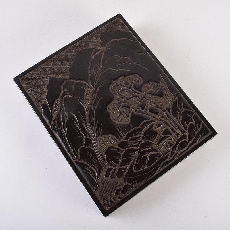 中国　漆塗　山水人物文　文箱　硯箱　V　R8958