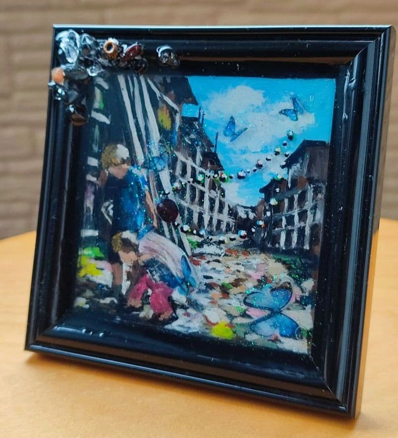 絵画　レジン　約束　スラム街の少年と少女（ガーネット,サンストーン水晶）