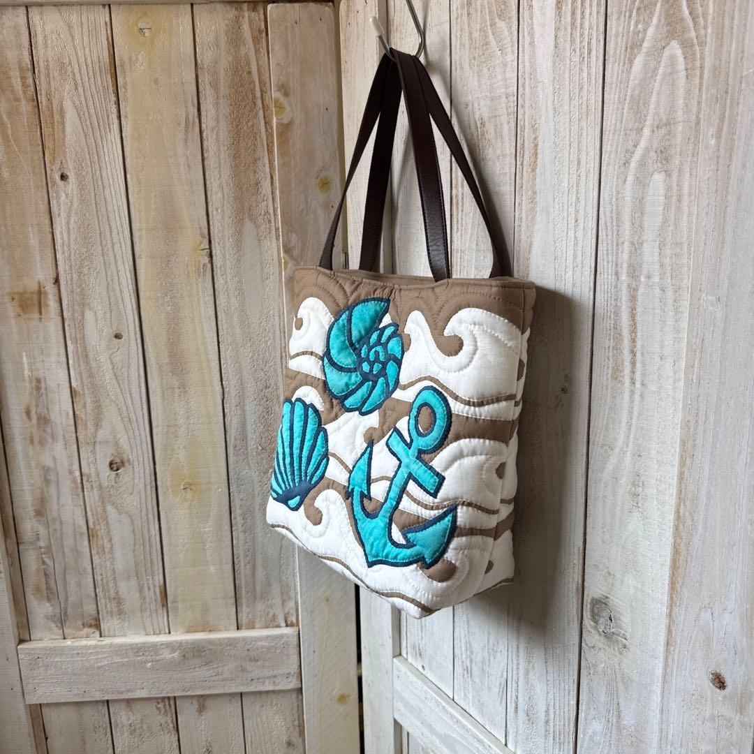 ハワイアンキルト♪ハンドメイドバッグ♪波と海のモチーフ&プルメリア