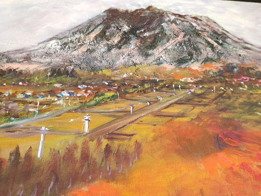 F10 油彩画 阿蘇「2001年 根子岳紅葉」額装 風景画
