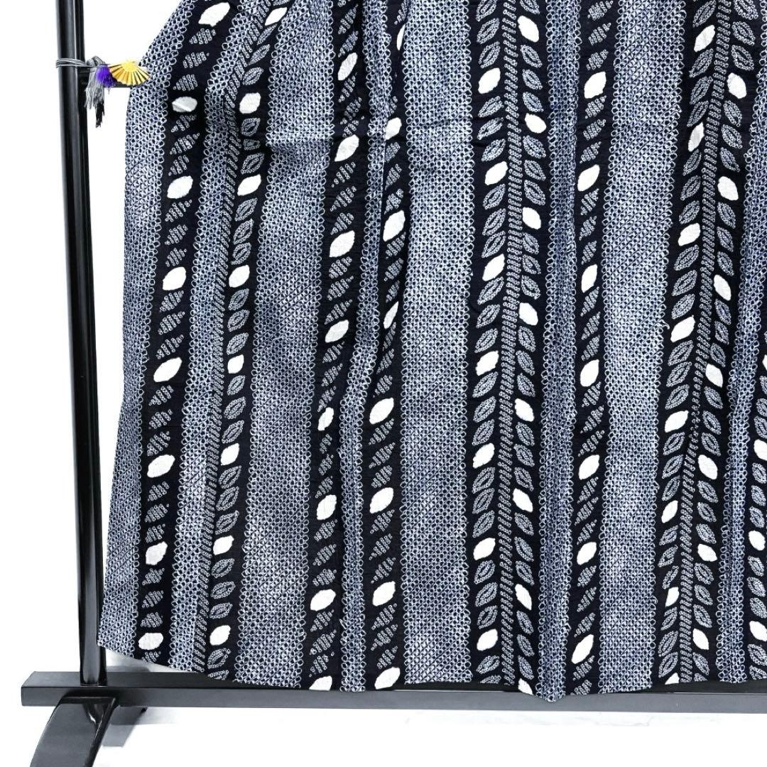 浴衣　有松鳴海絞り　縦縞　リーフ　藍染　ネイビー　着物　042a d