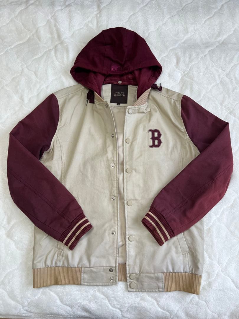 MLB レッドソックス スタジャン ブルゾン L アイボリー ワイン フード脱着