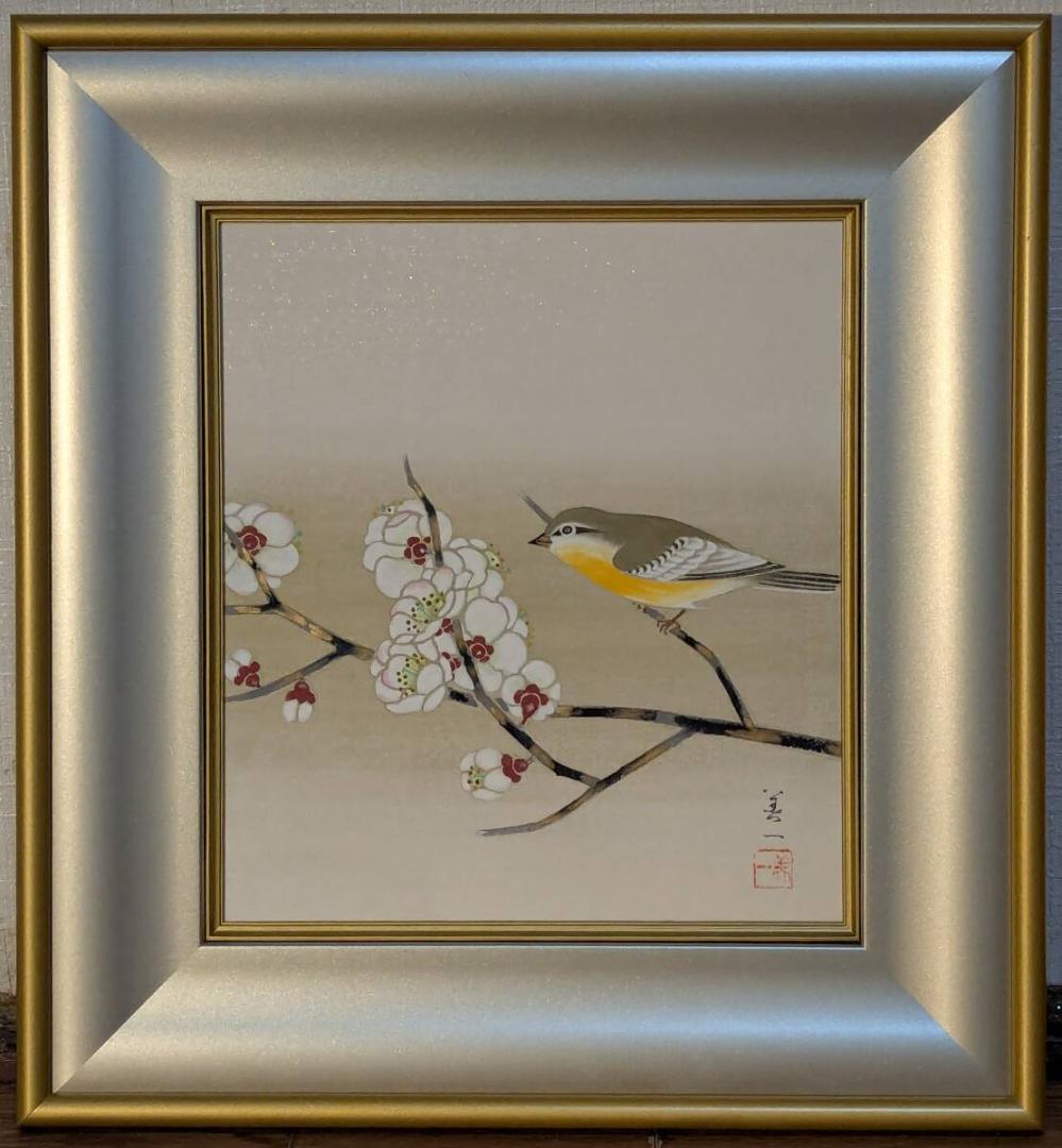 【真作】絵画　高田美一　日本画（色紙）　白梅に小禽図　春を告げる花鳥画　X39