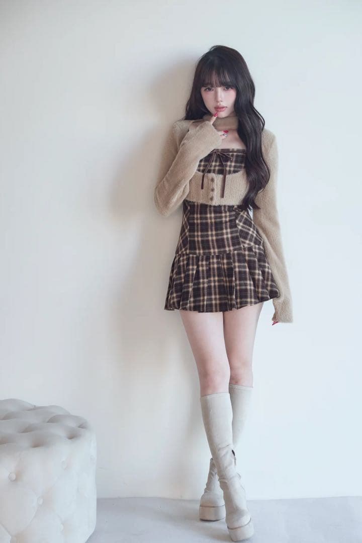 Bunny Lis ファーボレロ×チェックミニワンピ ブラウン