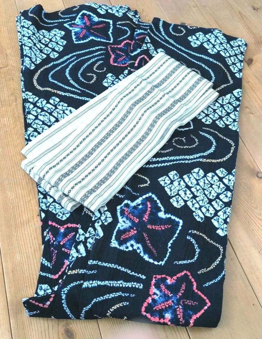 【濃紺】絞り浴衣/献上柄正絹半幅帯　セット