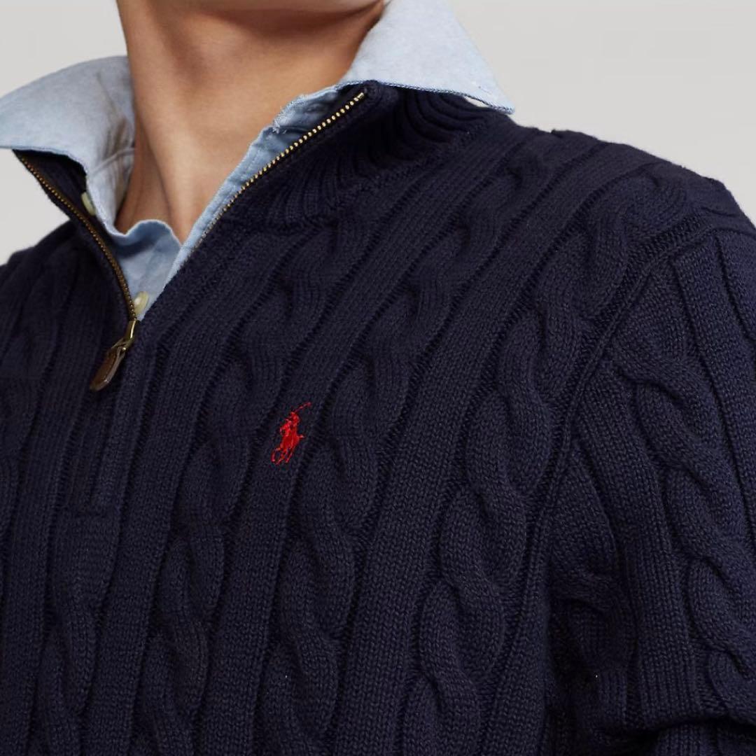 新品未使用 ポロラルフローレン ハーフジップ ケーブルニット M 紺 ネイビー