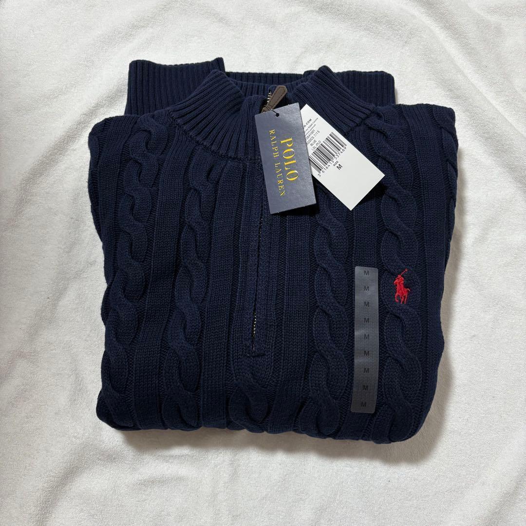 新品未使用 ポロラルフローレン ハーフジップ ケーブルニット M 紺 ネイビー