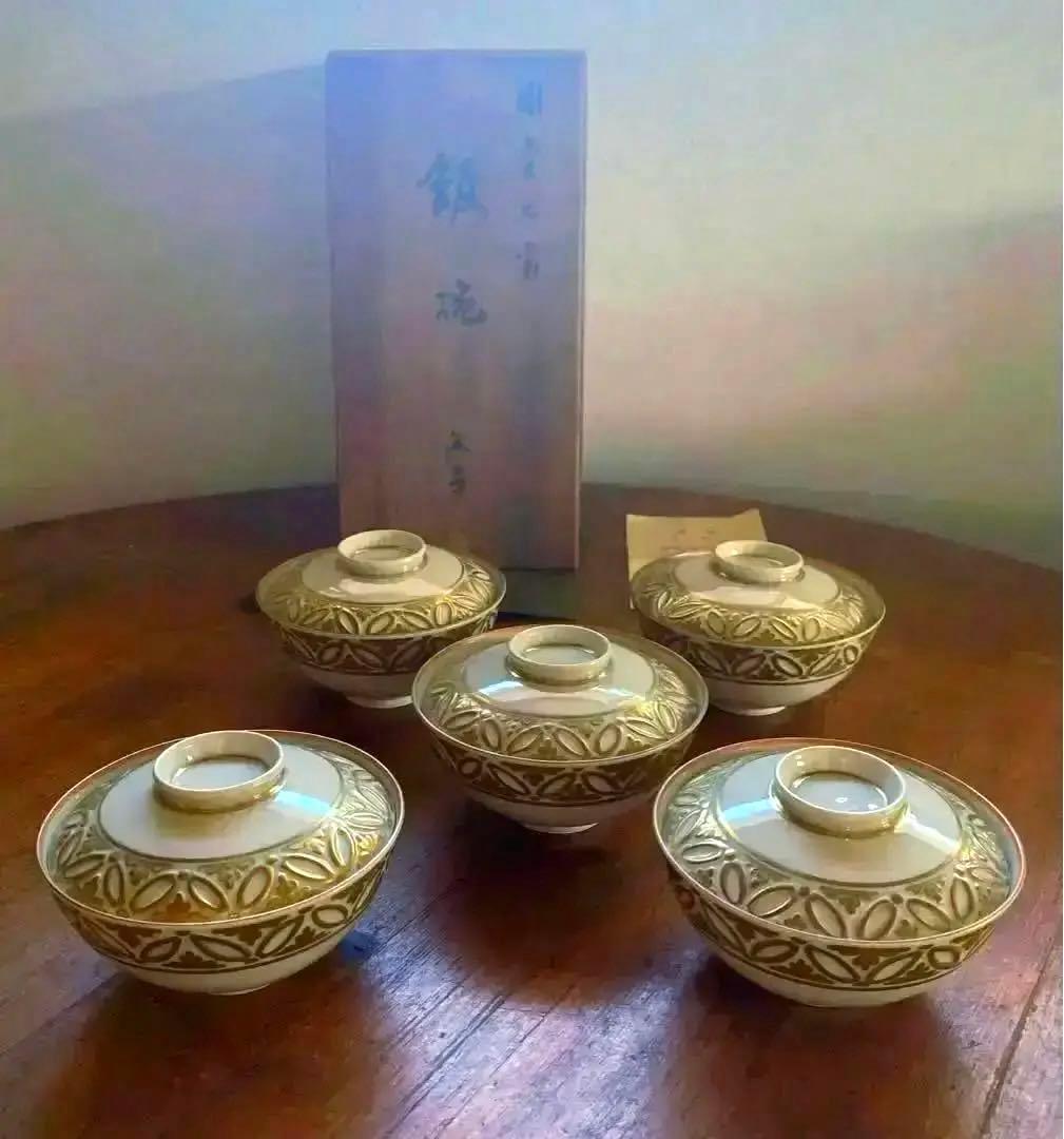 京焼　清水焼　平安　松本石亭作　彫金七宝　蓋付飯碗 5客組　共箱共布付き