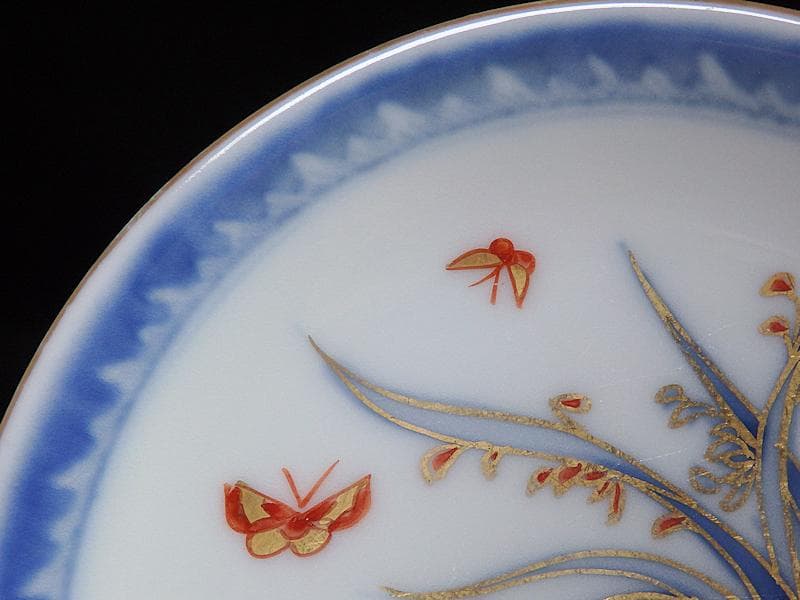 古伊万里　染錦　扇に蘭　蝶に撫子の図　４寸皿　５枚　D756AS-fbjc