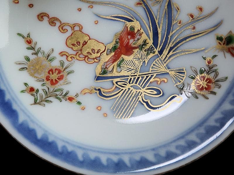 古伊万里　染錦　扇に蘭　蝶に撫子の図　４寸皿　５枚　D756AS-fbjc