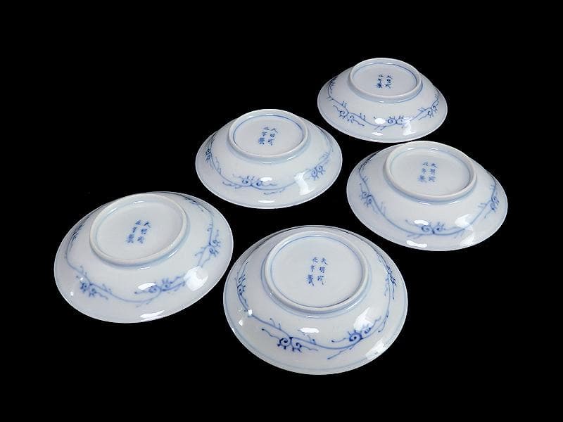 古伊万里　染錦　扇に蘭　蝶に撫子の図　４寸皿　５枚　D756AS-fbjc