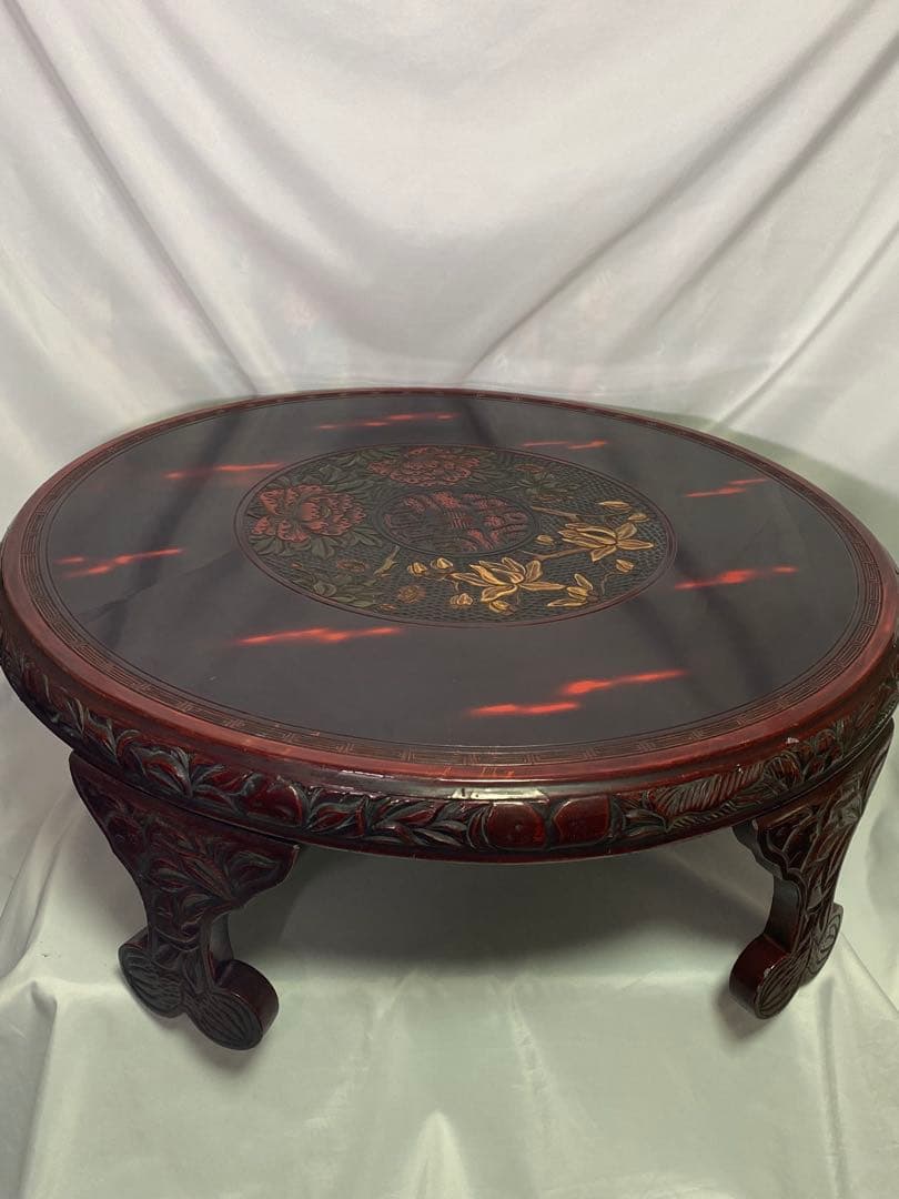 2428❣️ 丸テーブル　ちゃぶ台　中国座卓　　彫り　アンティーク　昭和レトロ