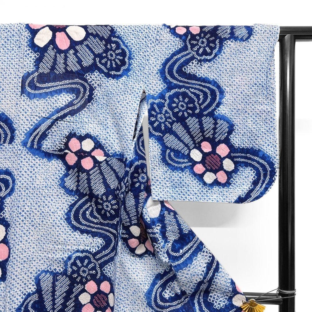 藍染　流線　菊花　饅頭菊　浴衣　有松鳴海絞り　着物　041a p