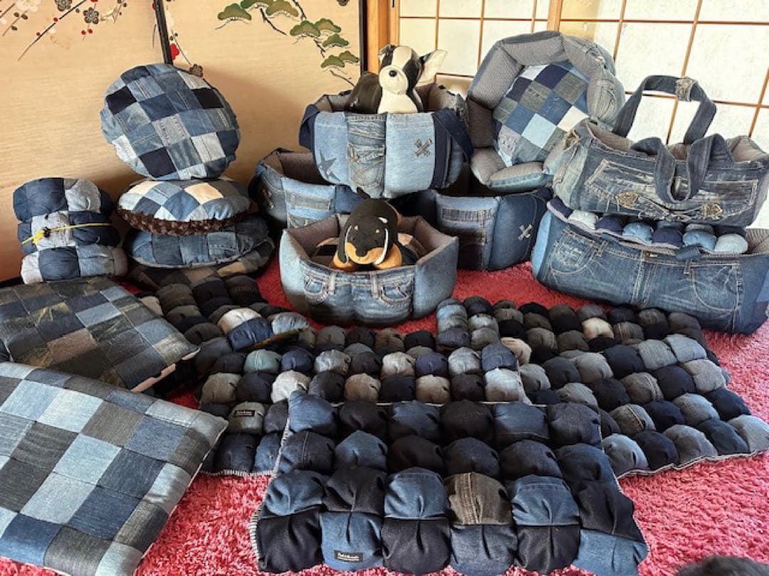 ぽこぽこカフェマット　Mサイズ　クッション　①  デニムリメイク