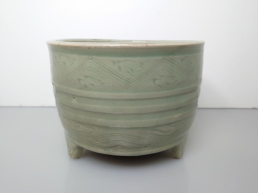 中国古玩 古美術 明時代 龍泉窯 天龍寺青磁三足香炉 大型 唐物  茶道具