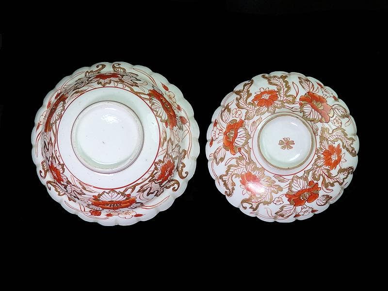 古伊万里　金襴手　輪花　花に柘榴の図　蓋付き深鉢　菓子鉢　E866AS-COk