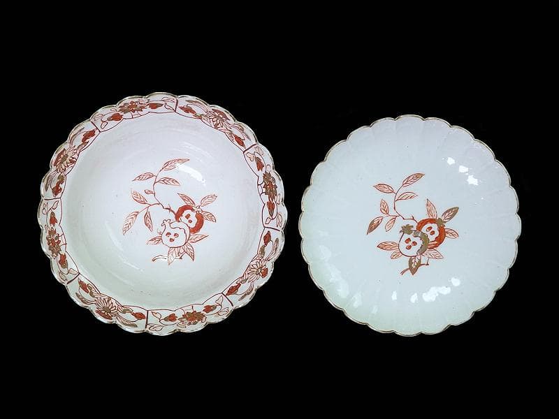 古伊万里　金襴手　輪花　花に柘榴の図　蓋付き深鉢　菓子鉢　E866AS-COk