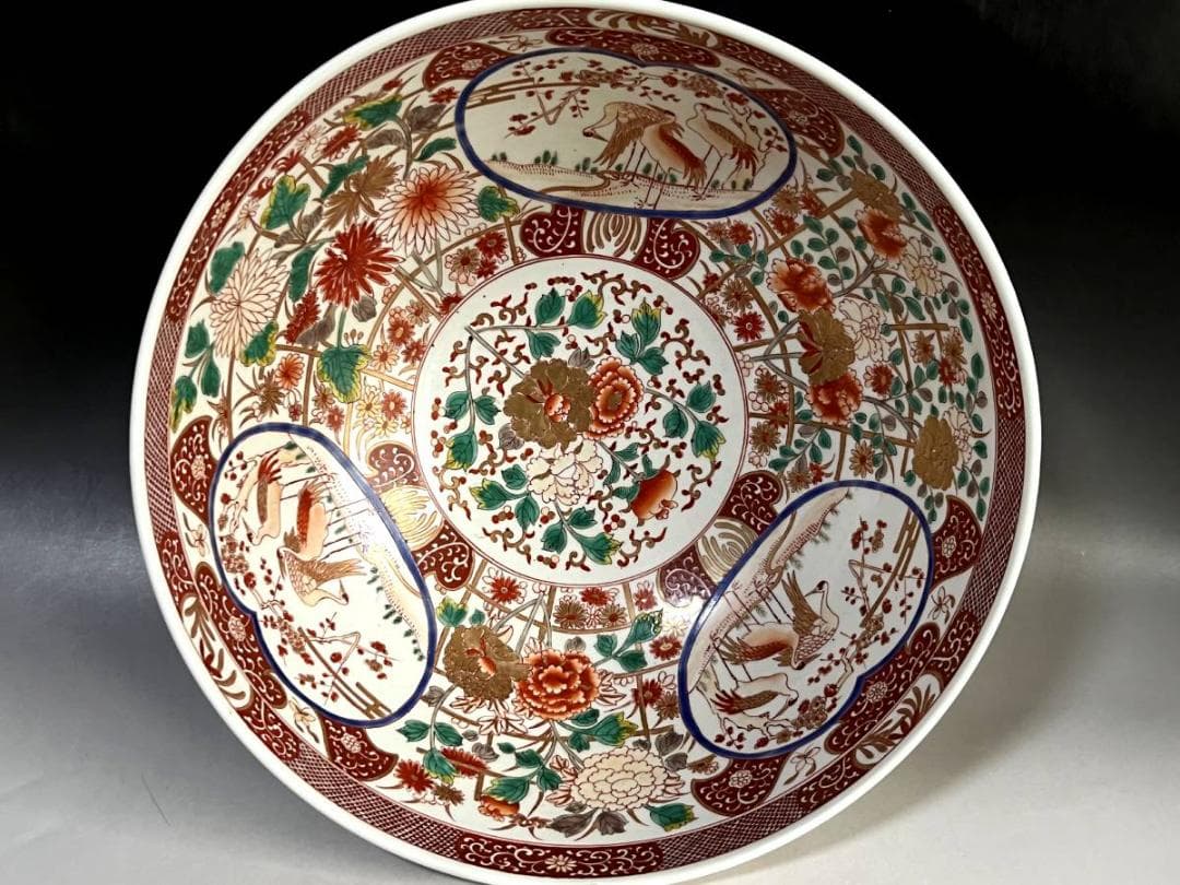 大鉢■みごとな赤絵金襴手大鉢 窓花鳥図 牡丹 松竹梅 菊 手描 江戸期 骨董品■