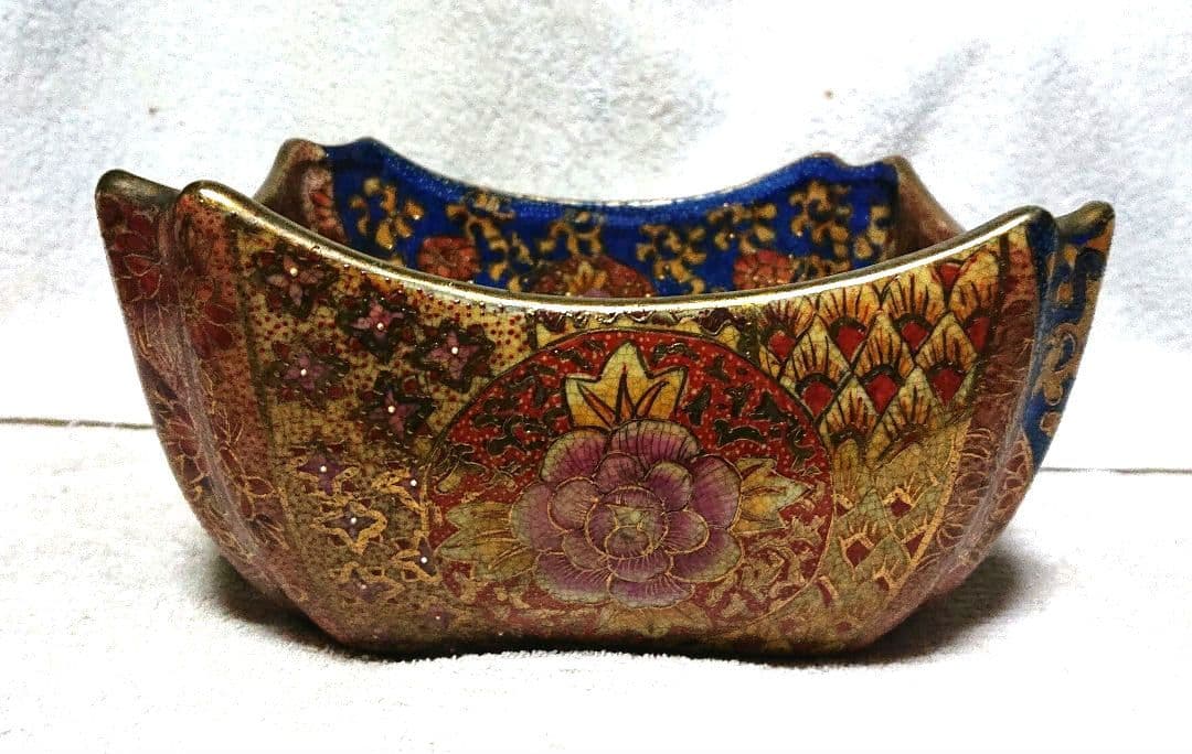 薩摩焼青と金の花柄角型陶器ボウルT168