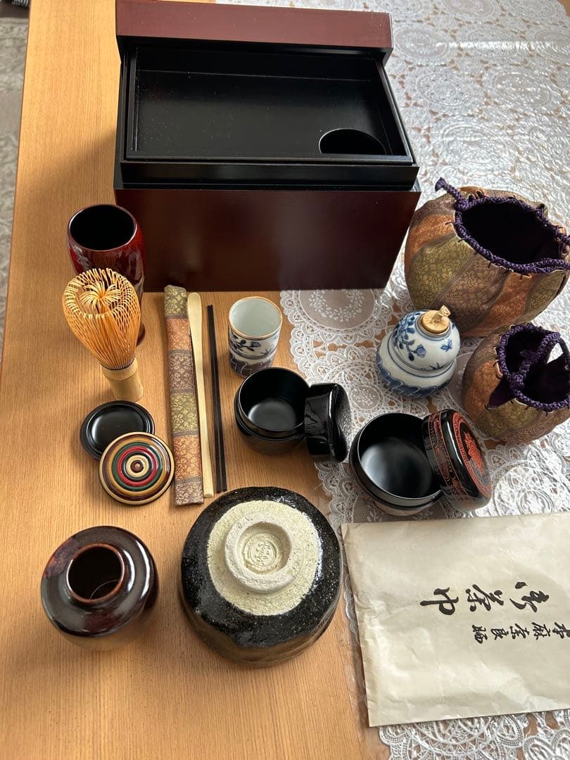 茶道具セット 一式 焦茶箱付き 木箱のサイズ 約高さ14㌢幅21㌢奥行き15㌢
