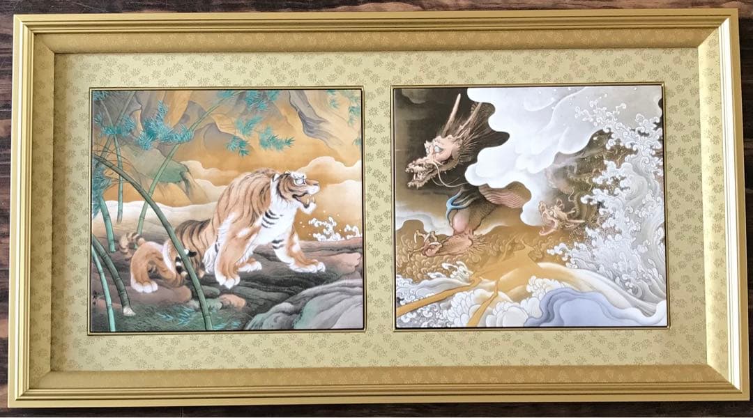 橋本雅邦「龍虎図屏風」陶板画 限定250部 保証書付 額装 B