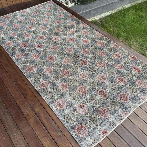 トルコ ヴィンテージラグA3 大判 レア ブルー グレー ベージュ ピンク