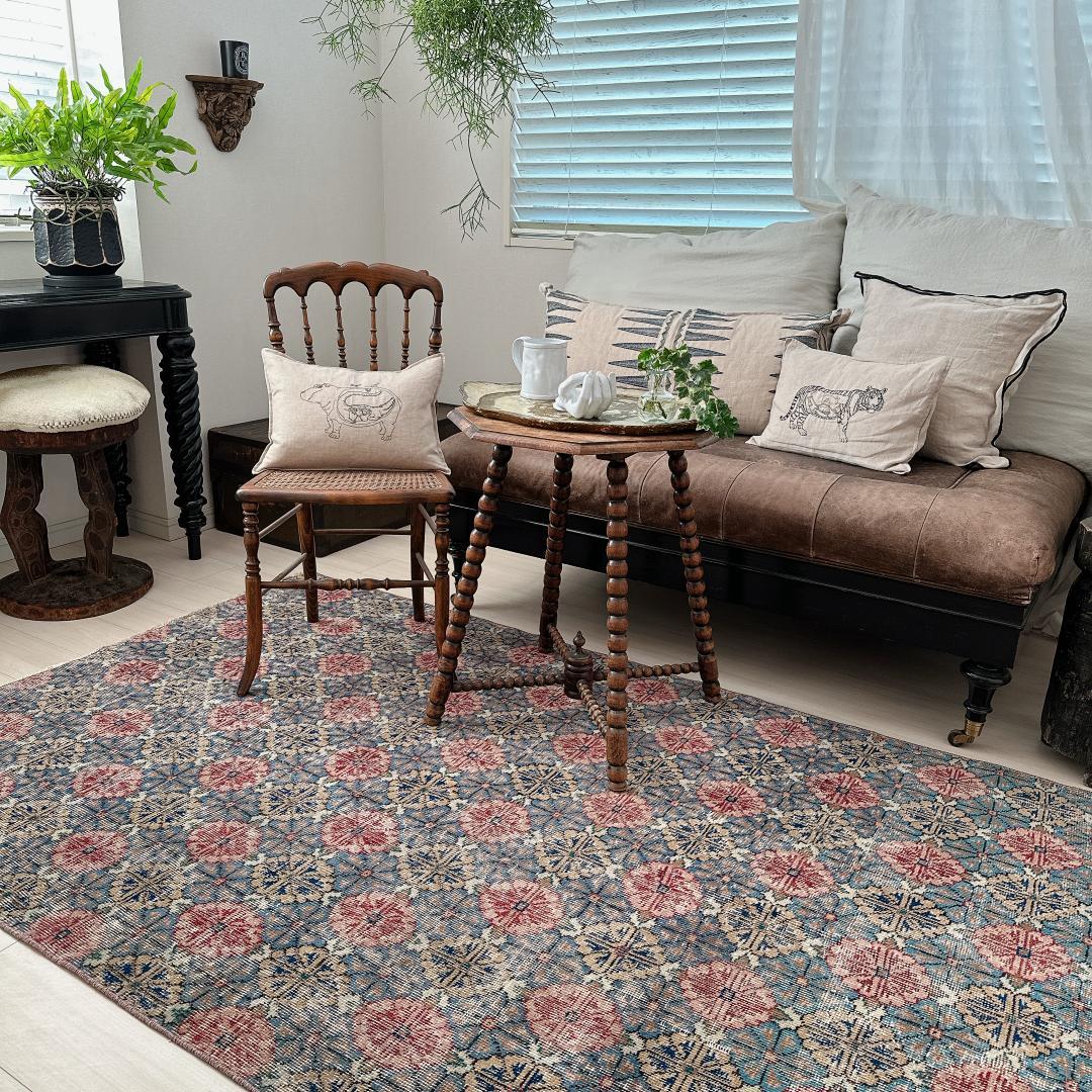 トルコ ヴィンテージラグA3 大判 レア ブルー グレー ベージュ ピンク