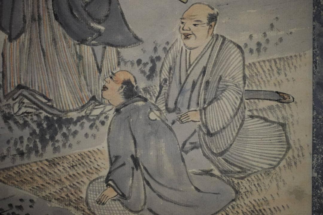 真作/叟山/菅田大池修築之絵/武士絵/布袋屋掛軸HH-889