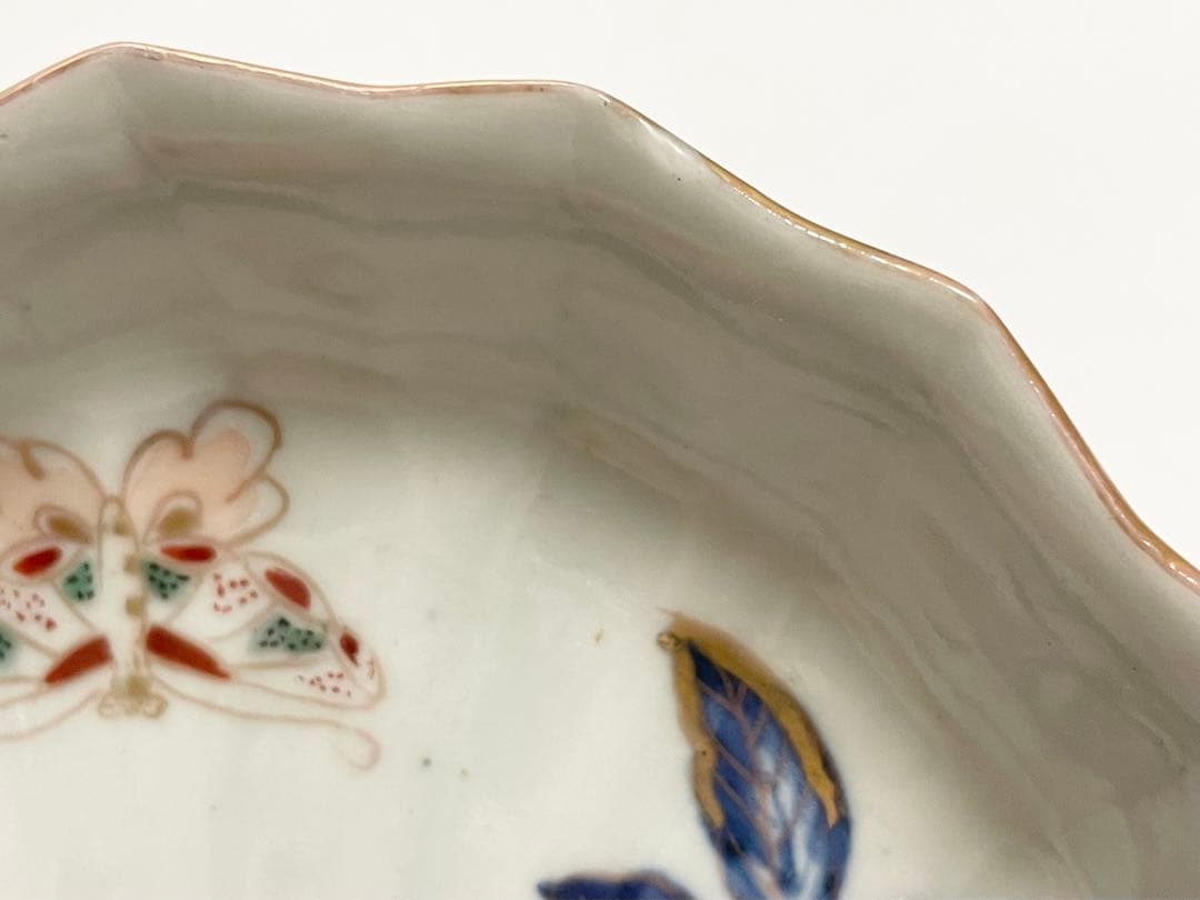 古伊万里　骨董　色絵　金彩　栗に蝶々の図　秋　輪花縁　なます皿　膾皿