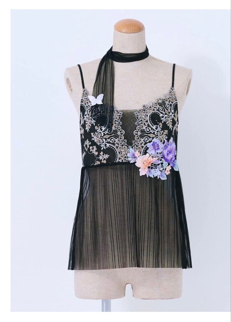 花柄刺繍 シースルーキャミソール ブラック