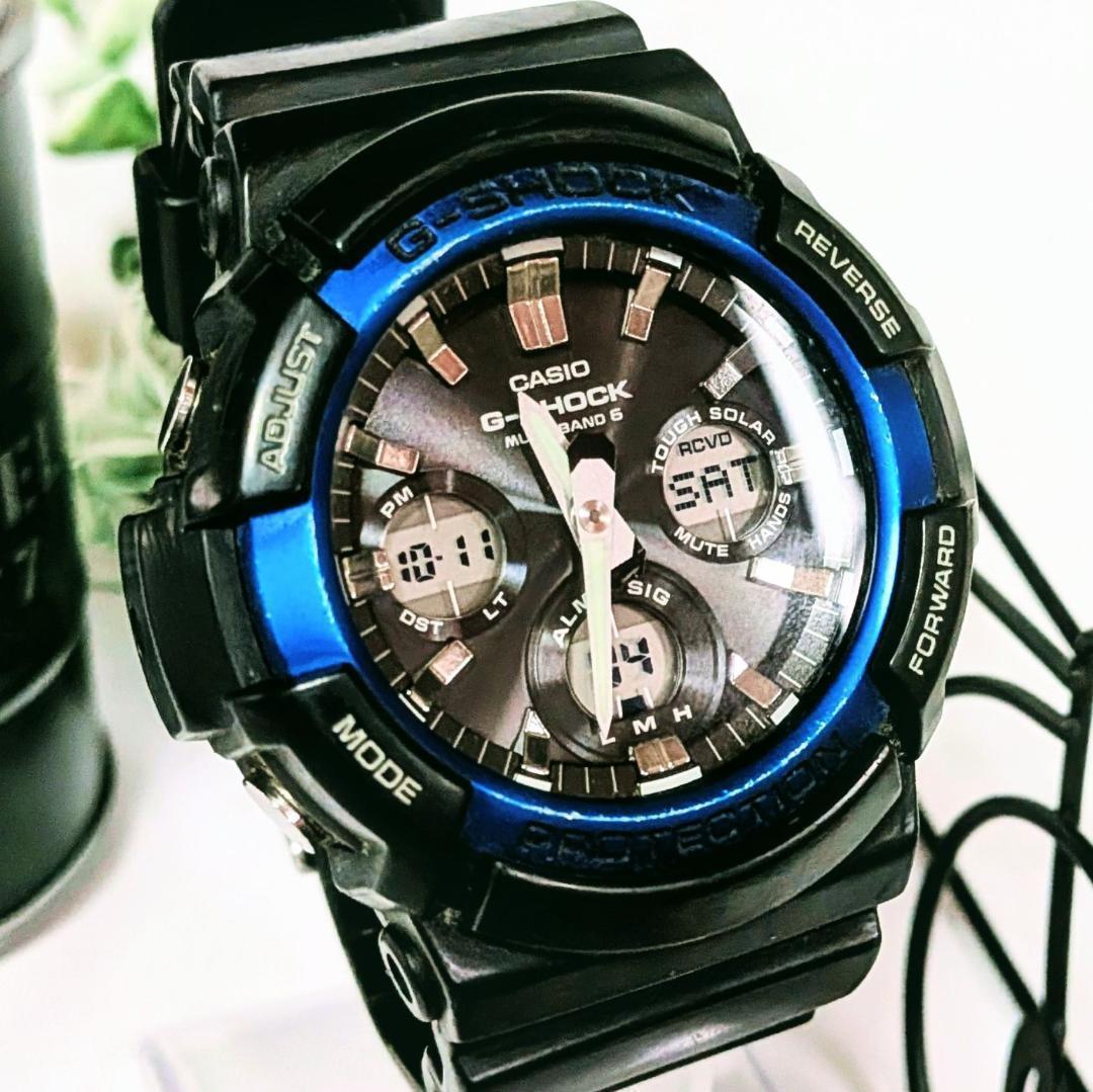 良品 CASIOカシオ メンズ腕時計ブルーG-SHOCK タフソーラー 存在感