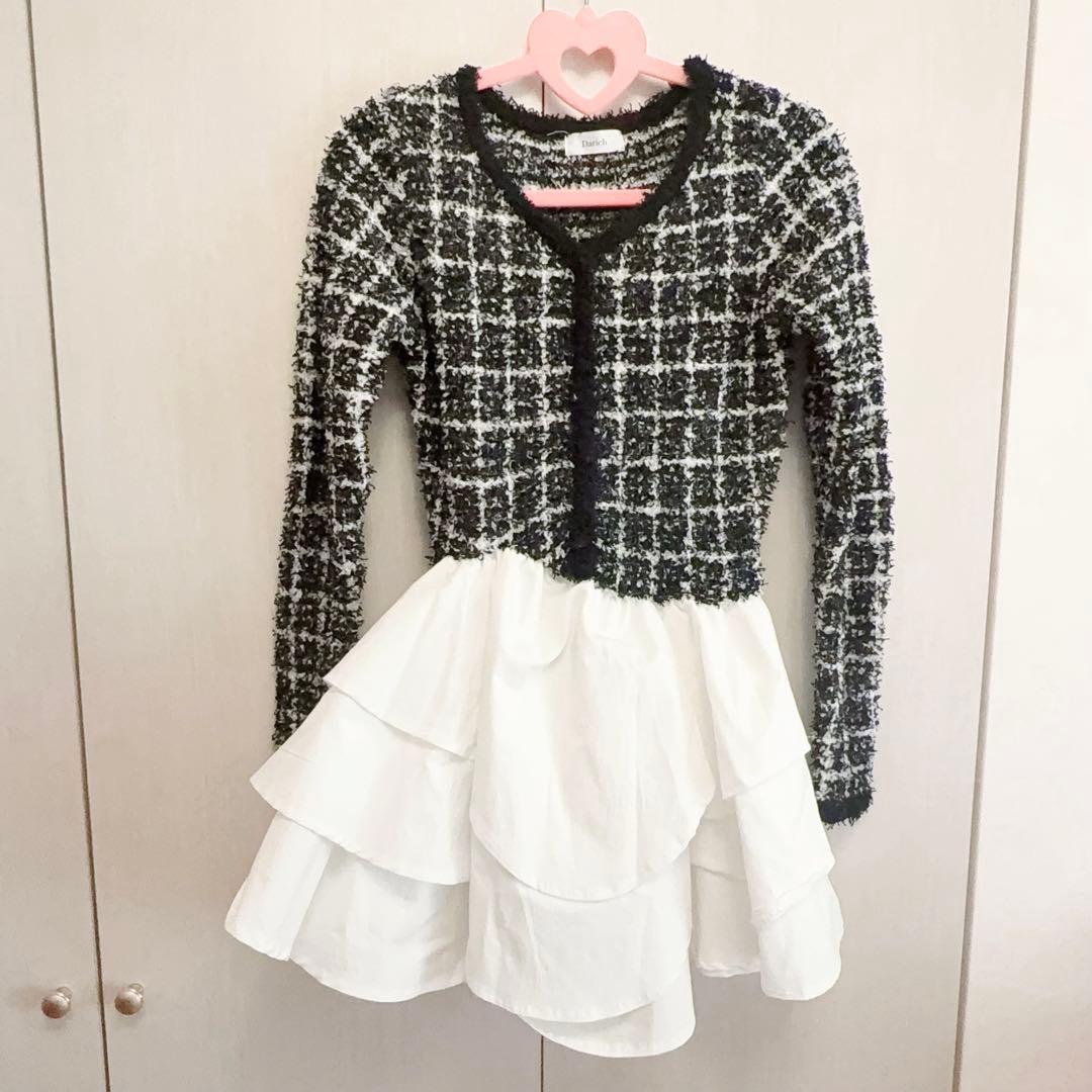 Darich ボリュームフリルツイードニットミニワンピース BLK (FREE)