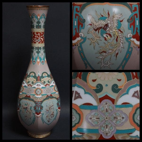 明治期 尾張七宝 銀線象嵌『龍鳳唐草紋』大型飾壺(一対) 面取花瓶