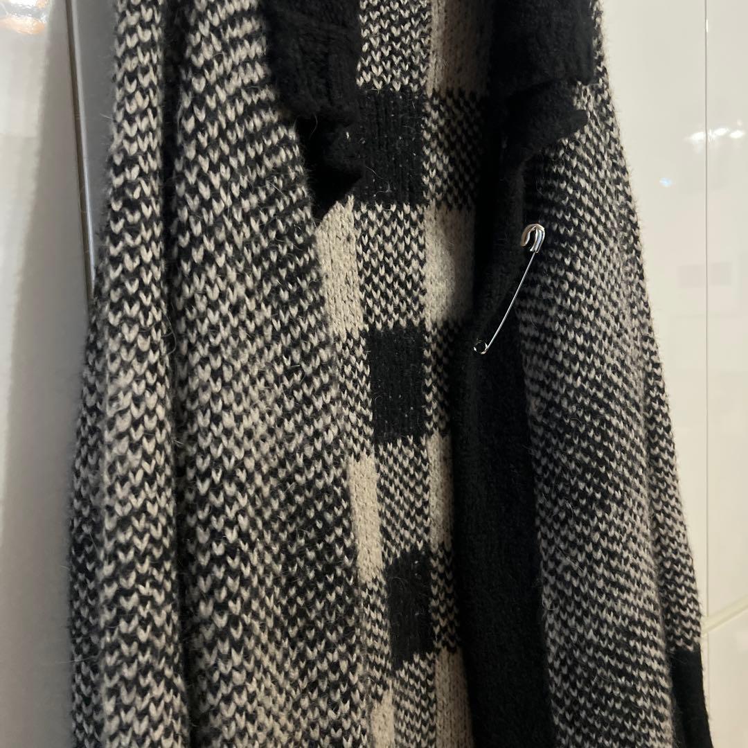 GroudY ロングニットカーディガン 黒とグレー チェック柄