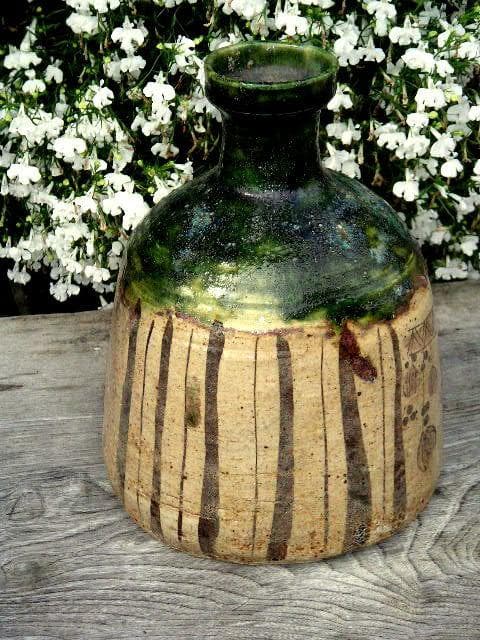 ♥時代　織部　大徳利　時代箱つき　花瓶　花器　古玩　中国　レトロ　アンティーク