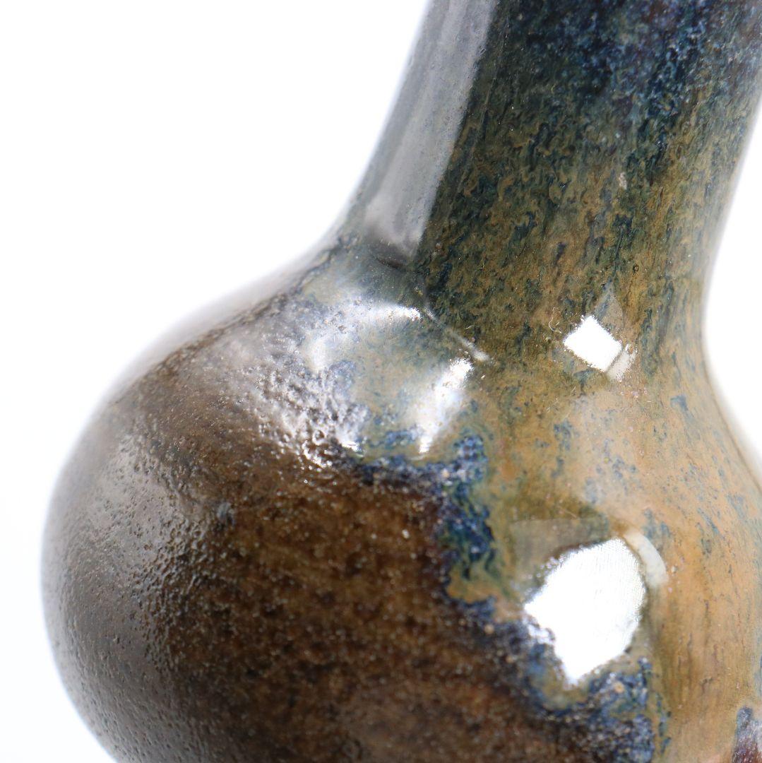 笹山登古作 高取焼 鶴首茶入 利休梅緞子仕覆 茶道具 共箱　V910　N9