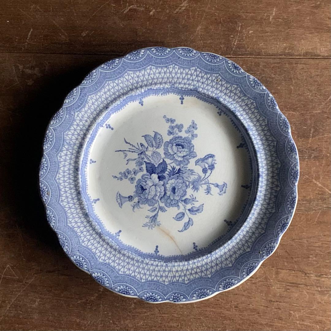 銅板転写 かわいらしい花柄 輪花 プレート 中皿 リム皿 古道具 アンティーク