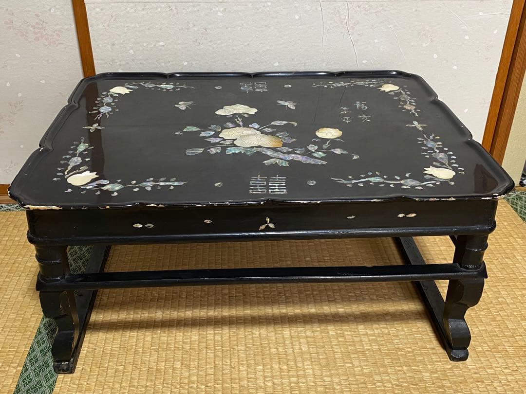 ♦中国清時代 花 蝶 柘榴 富貴 吉祥文 螺鈿細工 輪花 四方足 花台 骨董品