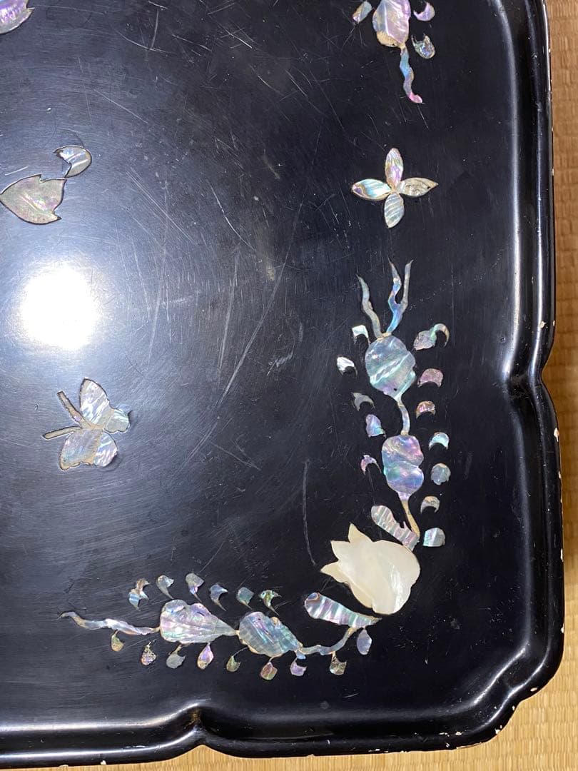 ♦中国清時代 花 蝶 柘榴 富貴 吉祥文 螺鈿細工 輪花 四方足 花台 骨董品