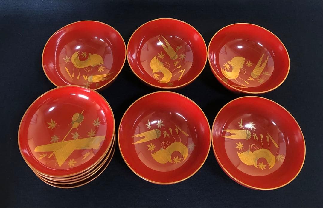 《R》朱塗 金蒔絵 烏帽子和楽器 吸物椀5客 木製漆器　251204お3