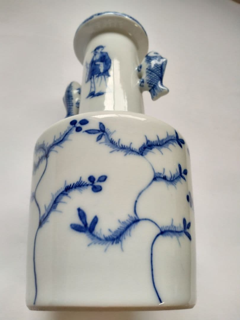 九谷　陶源製　高砂花入　染付鯉耳　華入