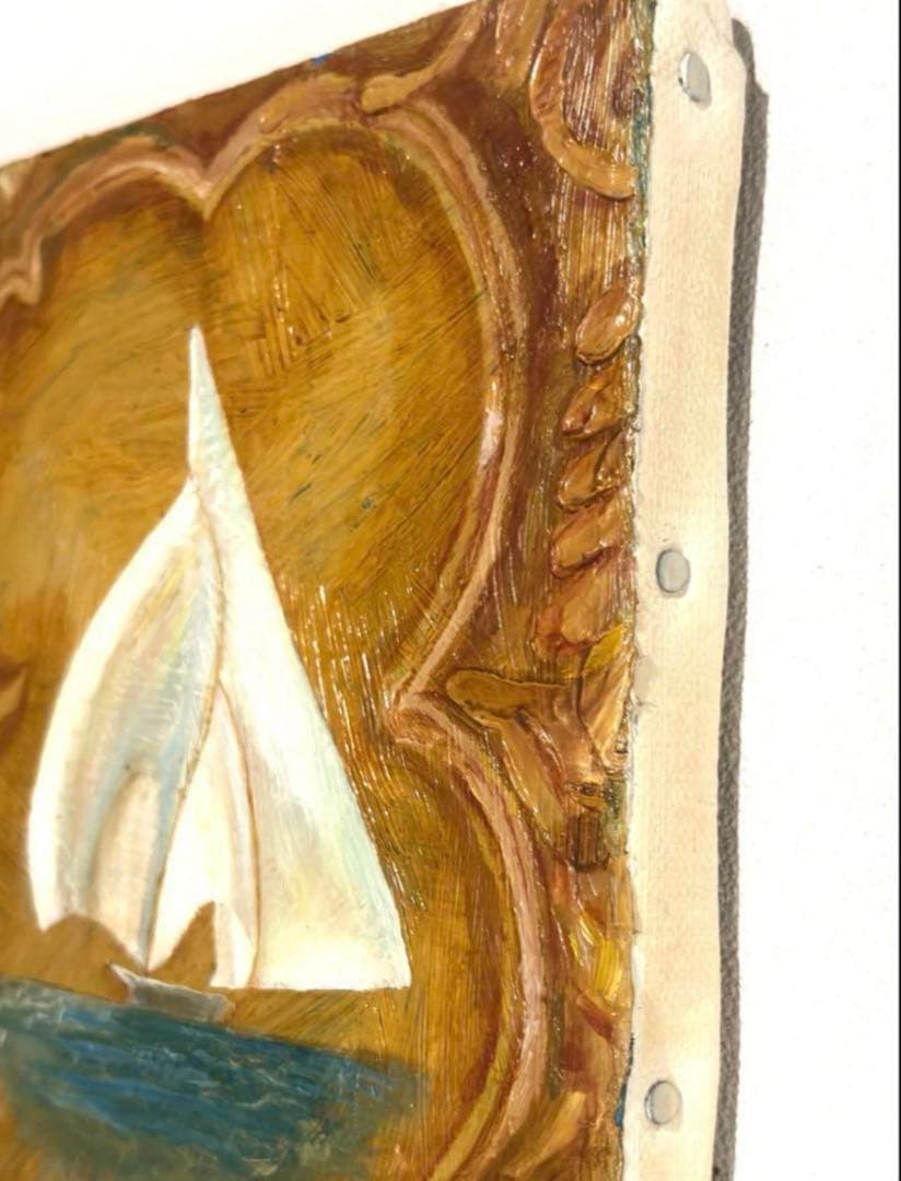 そのまま飾れるヨットの油絵　F0号　ベージュ　ゴールドカラー　白いヨット