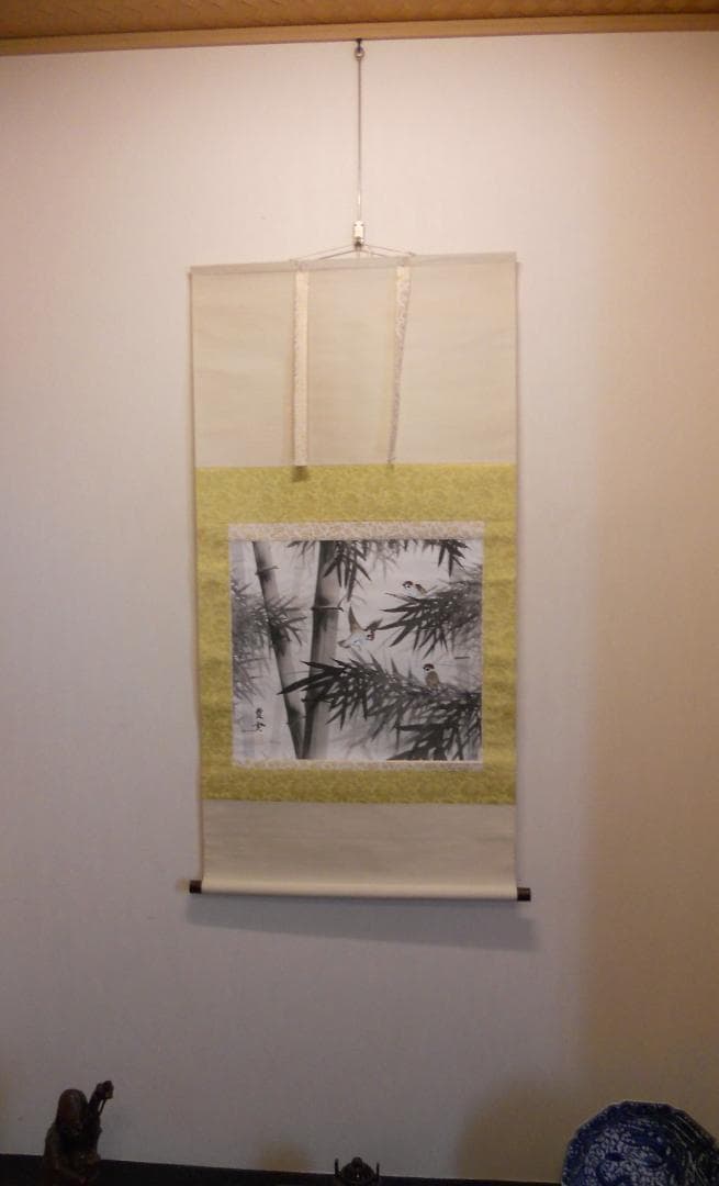 掛け軸 豊雲 竹に雀 絹本 希少 軸装 茶道具 掛軸 美品 です。