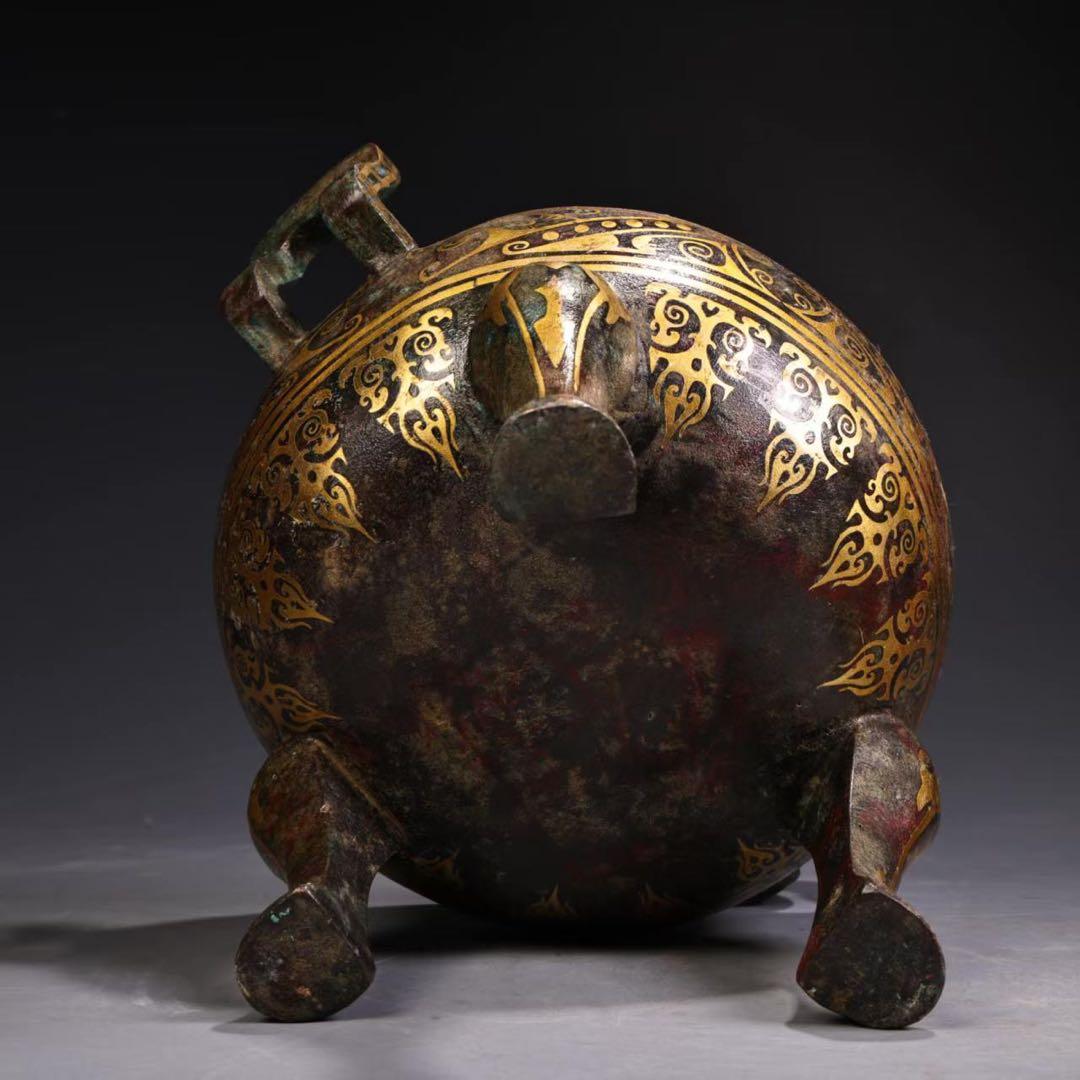 中国古美術・旧蔵搓金銀装飾付き銘文入り双耳三脚円鼎炉・青銅・純手作り・置物・茶道